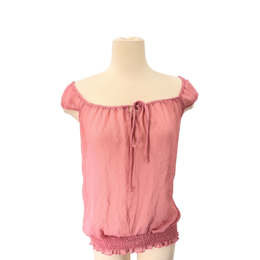 Ticket Peasant Top Womens Small Pink Smocked Chiffon Boho Coquette Blouse